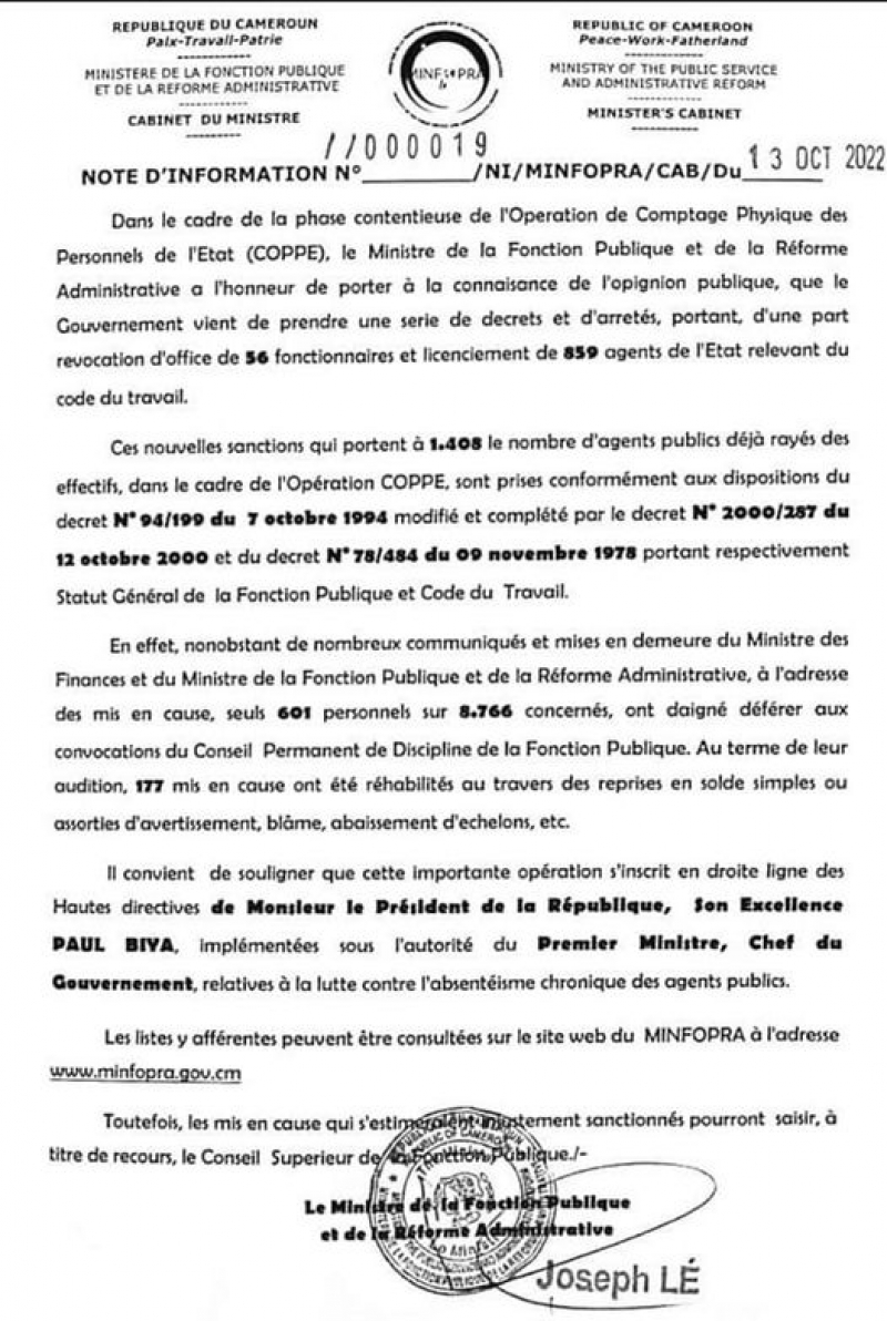 Cameroun Le Ministre Joseph Lé dévoile une liste de 915 agents