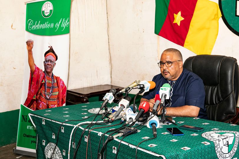 Joshua Osih, the first vice-president of the Sdf giving a press conference on Monday, July 24, 2023